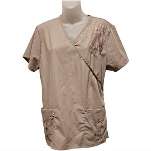 DENICE; Women's, Tan Cross Over Style Breast Cancer Awareness Scrub Top, Sz M